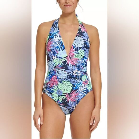 TOMMY HILFIGER Tummy-Control Halter One-Piece Swimsuit NWT size 8 Tropical print - Picture 1 of 5